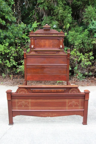 Fancy Burl Walnut Victorian Eastlake High Back Bed with Gold Incised Carvings Cover