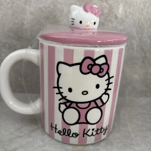 New Hello Kitty Pink Striped Ceramic Mug With Lid 18 Oz - Picture 1 of 2