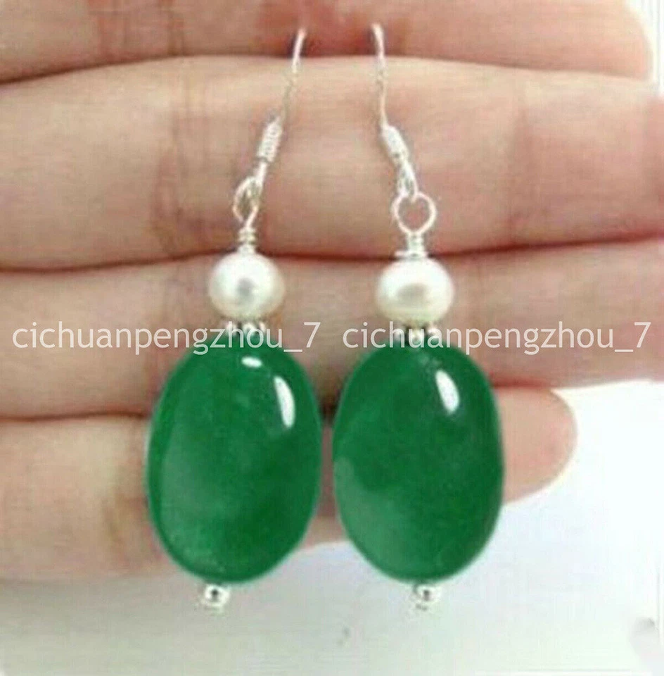 Pendientes de gancho colgantes de perlas blancas naturales de 7-8 mm de 13x18 mm con cuentas de jade verde ovaladas Foto 1 de 4