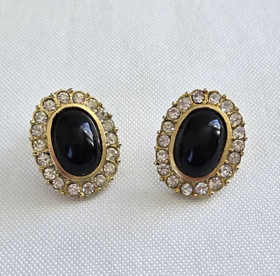 Винтажные серьги со стразами Pave черные овальные люцит золотистые пирсинг классические 1 дюйм - Изображение 1 из 4