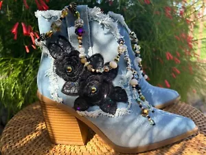 WEARABLE ART DENIM EMBELLISHED BOOT  US/7.5 - Picture 1 of 12