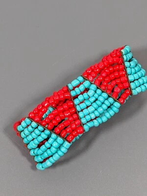 Brazalete elástico tejido con cuentas de vidrio azul aguamarina rojo costero Western Beachy 7,5 pulgadas Foto 1 de 4