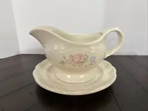 Pfaltzgraff Tea Rose Gravy Boat with Underplate Stoneware Pink Blue Flowers - Picture 1 of 9
