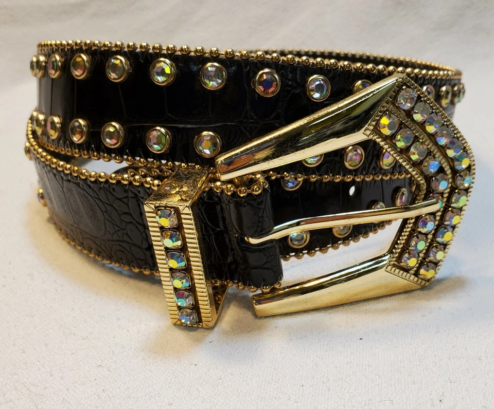 Ladies genuine leather belt with AB rhinestones in gold and gold buckle Large - Photo 1/1