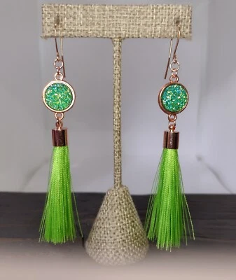 Lime Green Rose Gold Simulated Agate Druzy Quartz Chandelier Tassel Earrings - Image 1 of 3