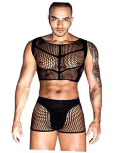 Men's Tank Tops Mens Sexy Sheer Mesh Fishnet Crop Top Shirt Sissy Black - Picture 1 of 6