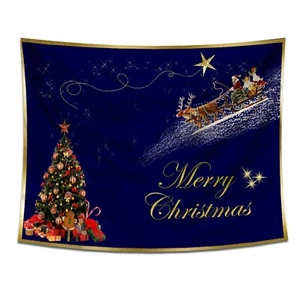 Merry Christmas Fabric Wall Picture Blue Santa Sleigh Tree Backdrop Decoration - Picture 1 of 6