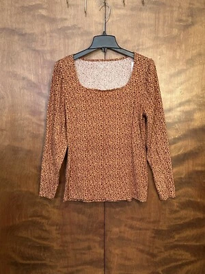 LOFT Outlet Long Puff Sleeve Knit Top Womens L Brown Animal Print Cotton Tee  - Image 1 of 4