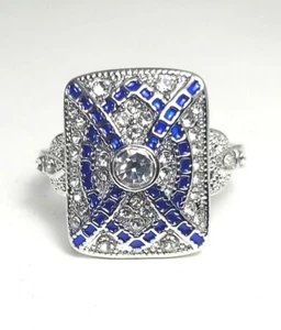 Gorgeous Art Deco Vintage Style Platinum FN Lab Created Diamond & Sapphire Ring - Picture 1 of 16