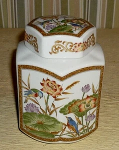 Japanese HEXAGONAL GINGER JAR. Beautiful scene of perched birds & vivid flowers. - Picture 1 of 8