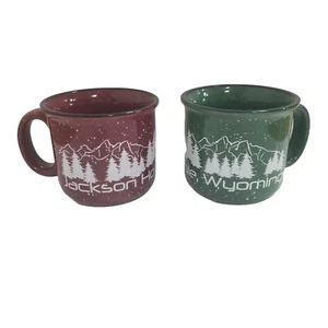 2 Jackson Hole Wyoming Large Speckled Pattern Camping Style Mugs Cups Forrest  - Picture 1 of 21