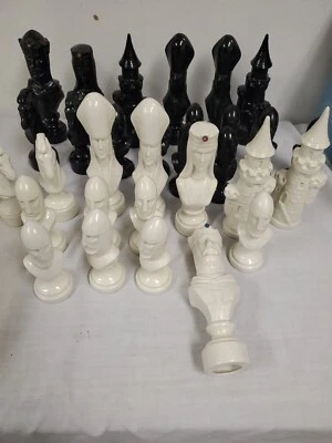 Vintage 1979 Ceramic LArge  Chess PCS Black White 4.5"-7" Chessmen 35 PCS - Image 1 of 4