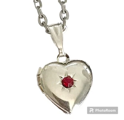 Vintage Silver Heart Locket Necklace Dainty Small Charm 18" Plated Red Stone - Image 1 of 4