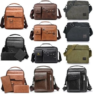 Men Vintage Leather Canvas Crossbody Bag School Satchel Messenger Shoulder Bags - Picture 1 of 42
