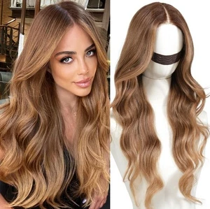HD Lace Front Wig Human Hair Blend Highlights  Wavy Curly Honey BROWN Blonde - Picture 1 of 5