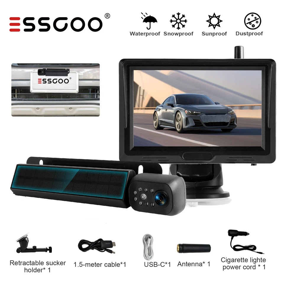 Solar Magnetic Wireless Backup Camera 5'' Monitor W/Camera For Car truck Bus RV - Image 1 of 4