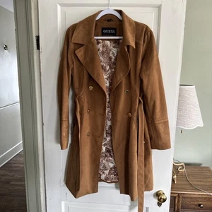 Guess Fall Winter Coat Tan Floral Patterned Lining With Belt Mid Length - Picture 1 of 7