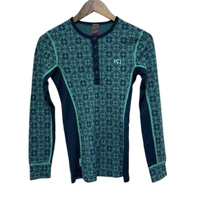 Kari Traa Base Layer Womens S Blue Green Nordic Fair Aisle Wool Top Snowflakes - Picture 1 of 8