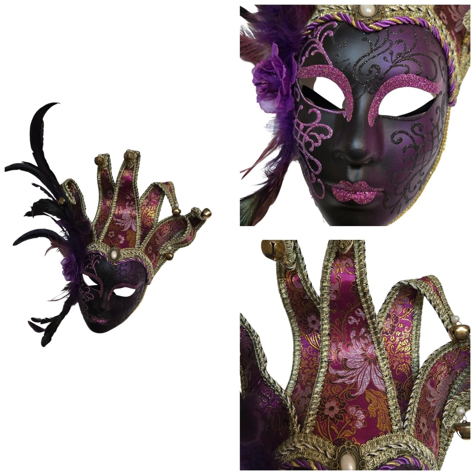 Bufón veneciano cara completa Mardi Gra máscaras brocado púrpura y dorado Foto 1 de 4
