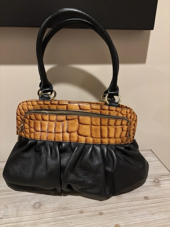 Tiffany And Fred Paris Black Leather W/Crocodile Leather Handbag  - Image 1 of 4