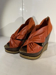 70’s style, OFFICE wooden wedge, leather & suede orange platform sandal 41 - Picture 1 of 11