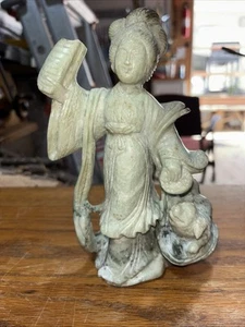 Vintage Antique Carved Jade Jadeite Soapstone Asian Figurine Woman Dog Damaged - Picture 1 of 9