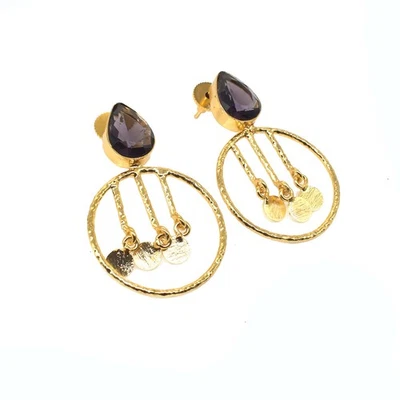 Pendientes Amatista Púrpura Chapados en Oro Moneda Artesanal Joyería de Moda 2" n493 Foto 1 de 4