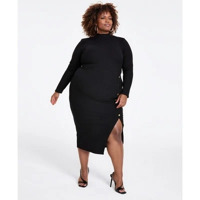 Nina Parker Dress Womens Plus 2X Black Ribbed Knit Side Split Long Sleeve Midi - Image 1 of 4