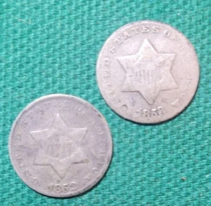2 Silver Trimes • 3 Cent Silvers • 1852 & 1853 • Rare • Very Good • Low Postage - Picture 1 of 2