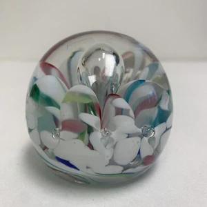 2 Beautiful VTG Hand Blown Green Pink White Blue Paperweight Bubbles Petals Lot - Picture 1 of 9