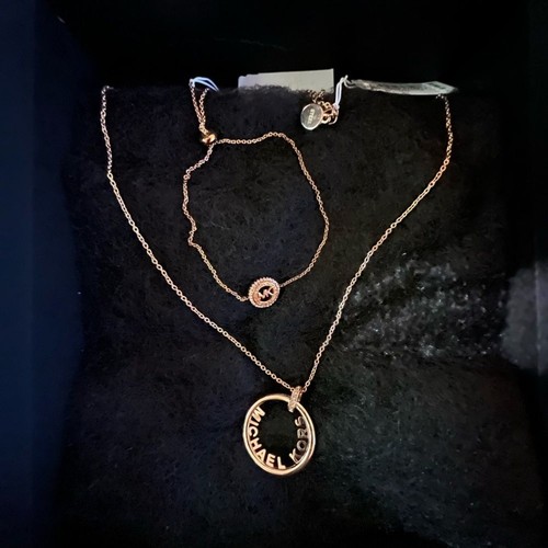 MICHAEL KORS ✅MK Moda Collana con Ciondolo Tono Oro Rosa + Set Braccialetto Oro Rosa Slider 14k