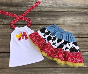 Western Wear Cow Print Red Bandana Skirt & Halter Top Country Farm Girl Outfit - Picture 1 of 1