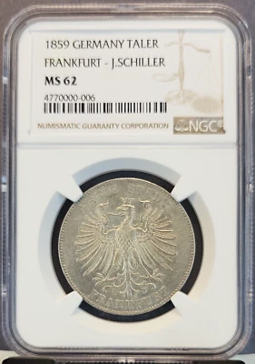 1859 GERMANY SILVER TALER FRANKFURT J SCHILLER NGC MS 62 SCARCE HIGH GRADE COIN - Image 1 of 3