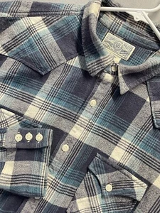 LUCKY Brand Sz Large Men’s Flannel Shirt Blue Plaid Button Up Long Sleeve Cotton - Picture 1 of 6