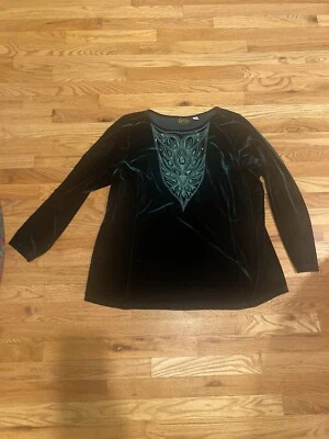 Top Bob Mackie Usable Art Talla 1X Verde Terciopelo Embellecido Manga Larga Foto 1 de 4