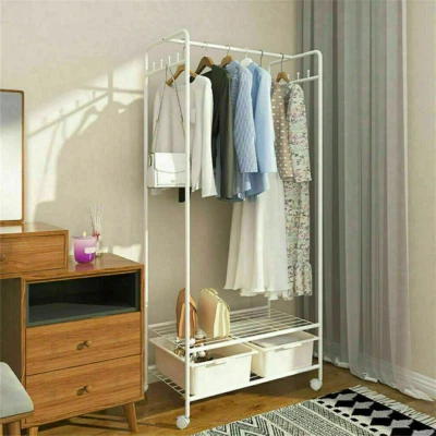 unho Garderobenständer Rollen Kleiderständer 2 Ablagen Kleiderstange Haken Metal - Bild 1 von 4