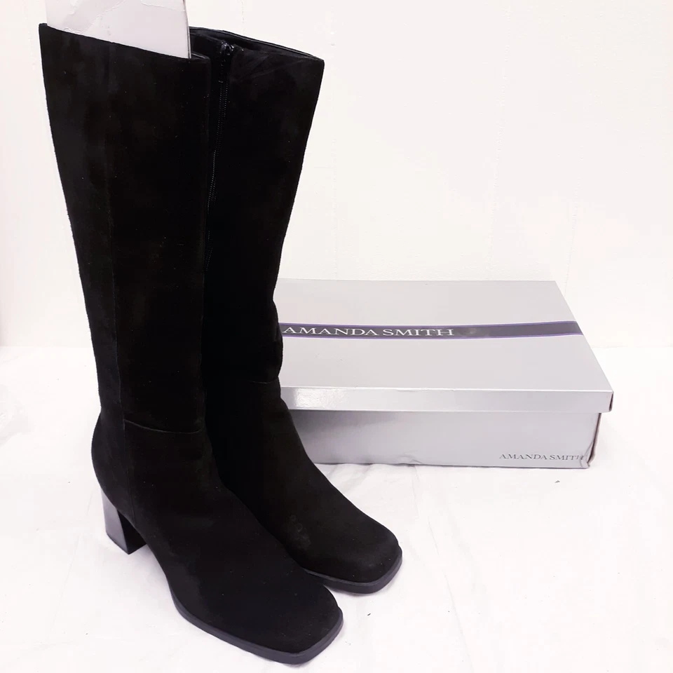 MUJER NEGRO GAMUZA AMANDA SMITH CARRERA BOTAS HASTA LA RODILLA TACONES ZAPATOS TALLA 10M Foto 1 de 4