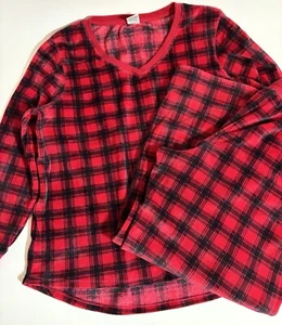 Women’s red black plaid pajama Lounge Set Sz L V-neck sop soft country cozy core - Picture 1 of 13