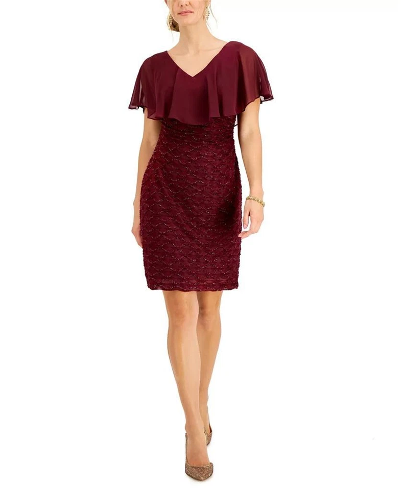 Connected Apparel Women Cocktail Dress Burgundy Overlay Cape Size 10 tkh47365m1