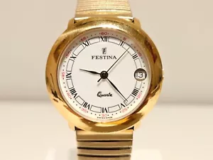 VINTAGE RARE LUXURY GOLD PLATED 33mm MEN'S LADIES QUARTZ WATCH "FESTINA" - Picture 1 of 13