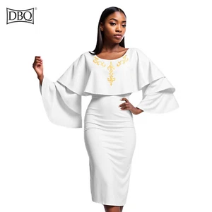 Women Dresses African Clothes 2 Layers Puff Sleeves V-Neck Elegant Midi Dress - Picture 1 of 21