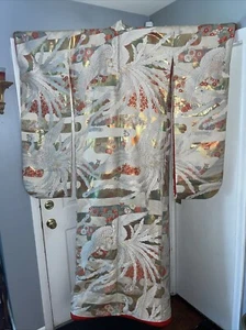 Vintage Antique Japanese Gold Silver Silk Embroidered Kimono 71” - Picture 1 of 12