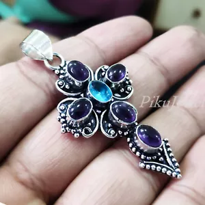 Purple Amethyst & Blue Topaz Gemstone 925 Sterling Silver Cross Pendant Jewelry - Picture 1 of 5