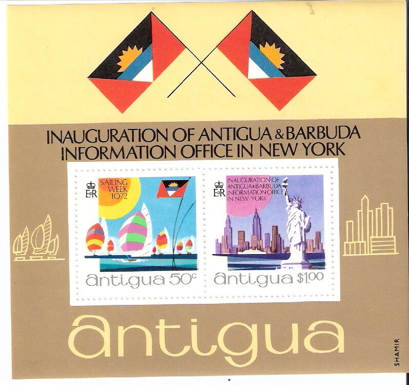 Antigua 1972 Office New York Map Yacht flags Souvenir Sheet MNH (SC# 303a) - Image 1 of 1