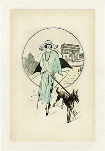 "ÉLÉGANTE promenant son CHIEN à l'ARC DE TRIOMPHE" Planche originale entoilée  - Picture 1 of 1