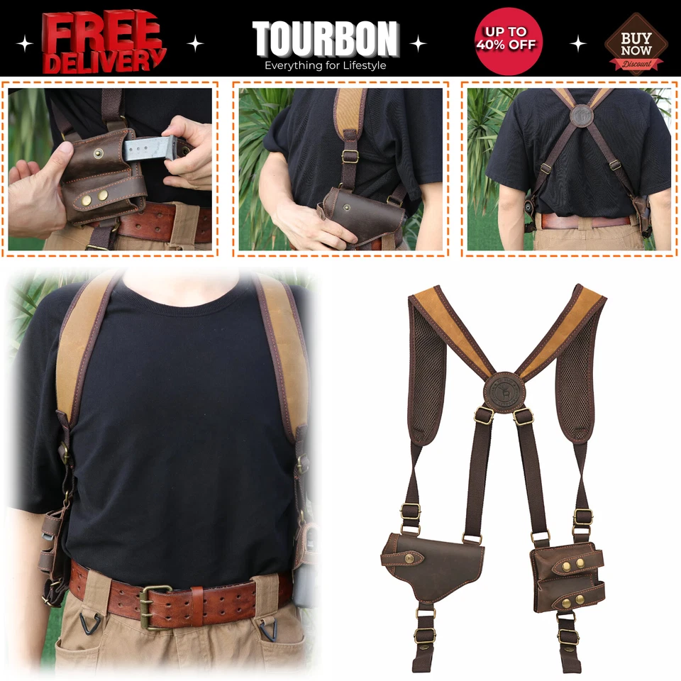 Tourbon Pistol Shoulder Holster Double Mag Pouch Handgun Bag Wear Case HA1333CA