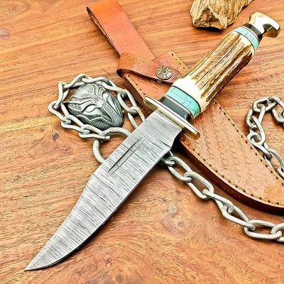 CUSTOM Handmade DAMASCUS STEEL KNIFE Hunting Knife Bowie KNIFE W/SHEATH IS-7316 - Image 1 of 4