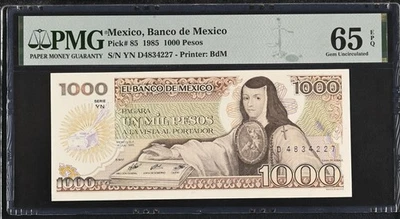 墨西哥,墨西哥银行 - P#85 1985 1000 比索 PMG 宝石 UNC 65 EPQ — 第 1/2 张图片