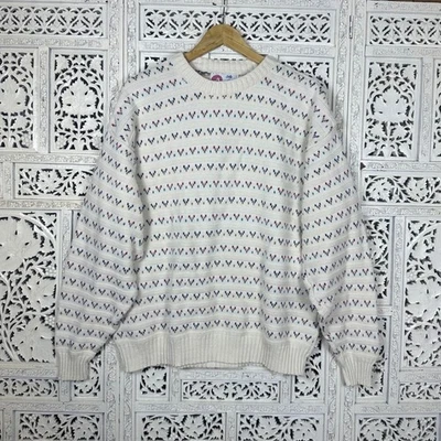 Винтажный остров хлопок кремовый цветной геометрический ретро дедушка свитер размер XL подходит L - Изображение 1 из 4