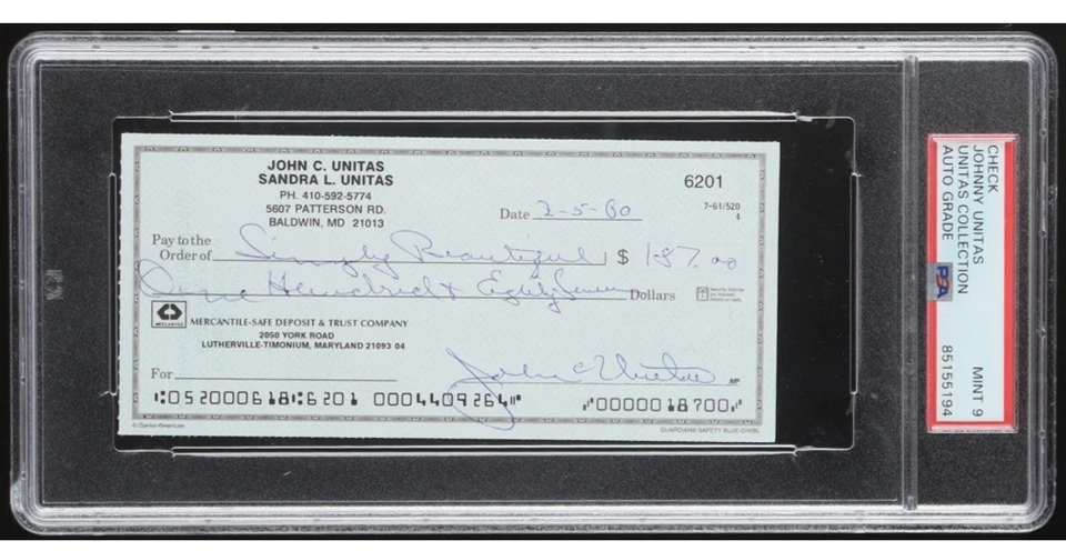 Johnny Unitas Signed 2000 Personal Check #6201 (PSA | Autograph Graded 9) - Image 1 of 2